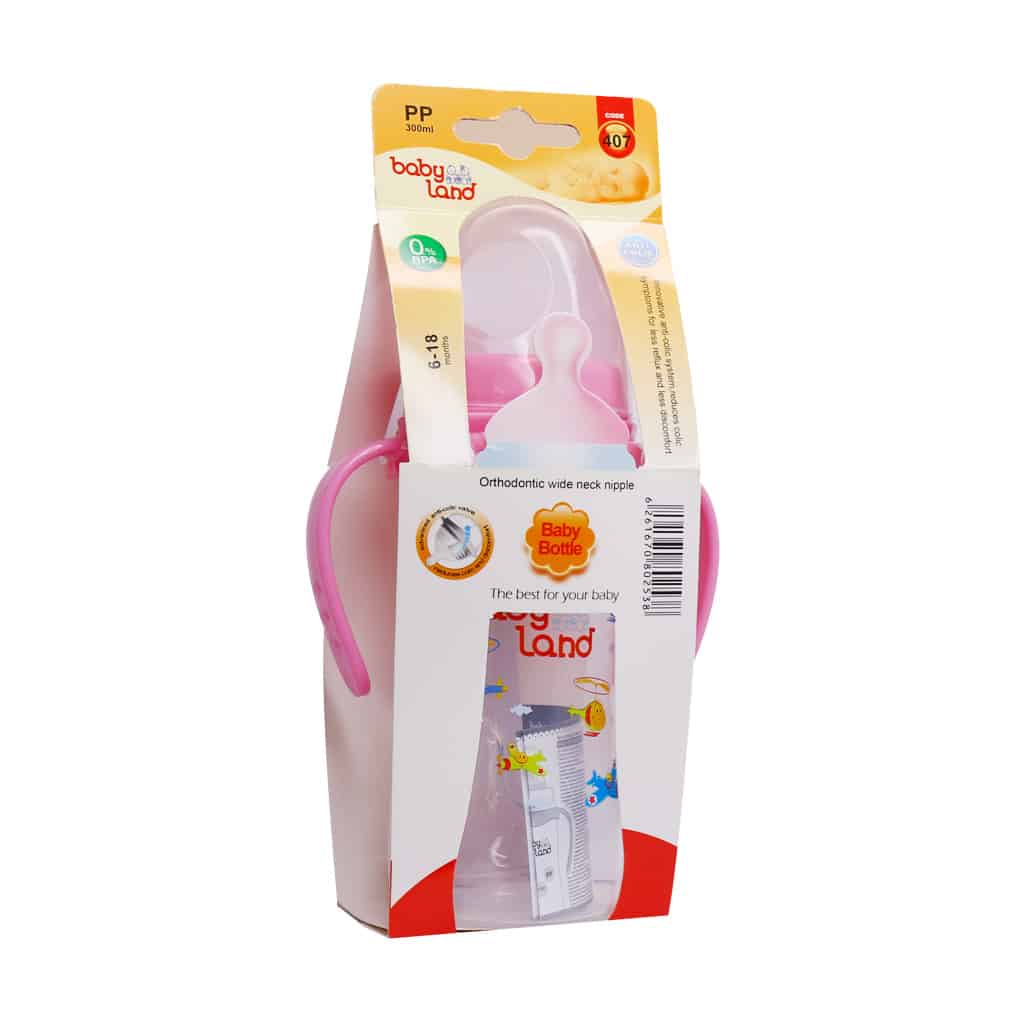شیشه شیر دسته دار آنتی کولیک بیبی لند کد 407 حجم 300 میلی لیتر